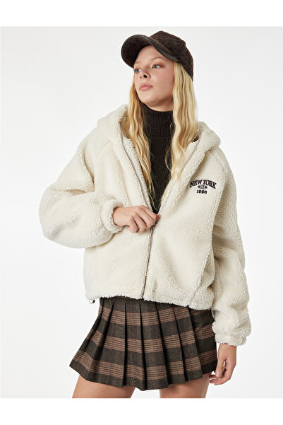 Koton Long Sleeve Hooded Zippered Printed Oversized Plush Jacket