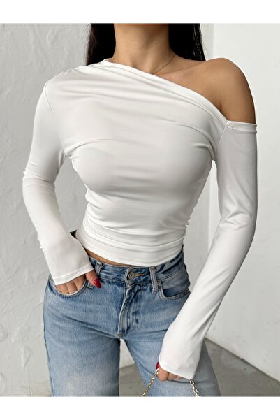 QUTTA Γυναικεία λευκή μπλούζα με έναν ώμο με μακρύ μανίκι από ύφασμα Sandy