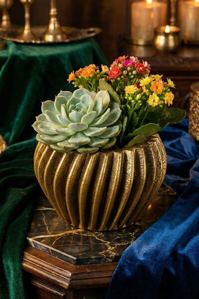 Evene Mini Çiçek Saksı Küçük Sukulent Altın Eskitme Renk Kaktüs Saksısı Model 13