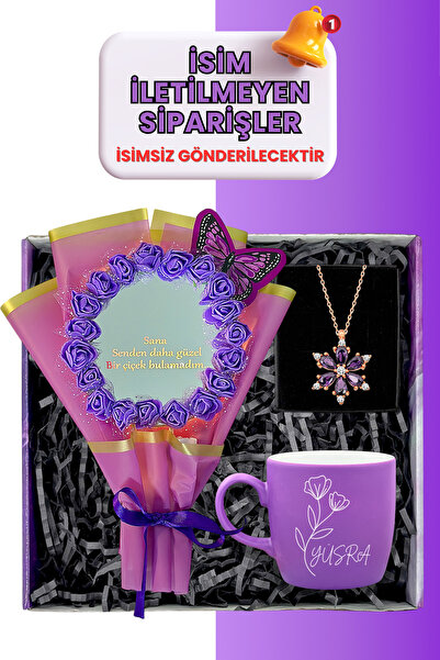 Zemtigo Kişiye Özel İsimli Kupa Mor Aynalı Gül Buketi Ve Lotus Kolye Mor Kutu...