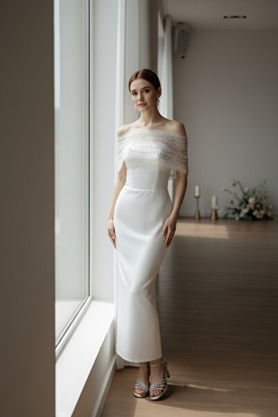 ENDAMIM İnci Detaylı Straplez Nikah Elbisesi Omzu Açık, Slim Kalıp, Beyaz Abiye