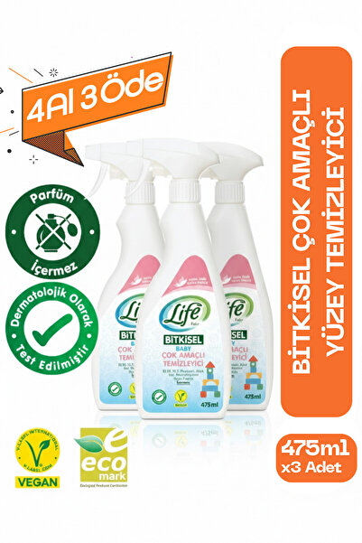 Life by Fakir Bitkisel Çok Amaçlı Temizleyici 475 ml x 3 Adet Tüm Yüzeyler İç...
