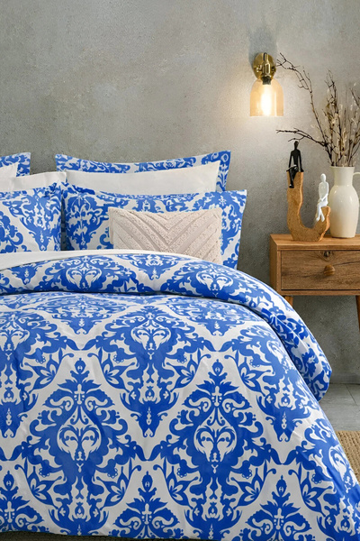 İQON Комплект еластичен калъф за завивка - Дамаскоо, синьо индиго