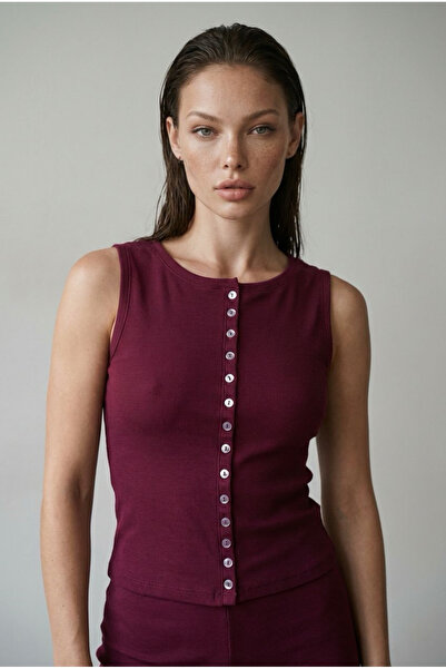 Madmext Burgundy Crew Neck Buttoned Women's Blouse Mg2638