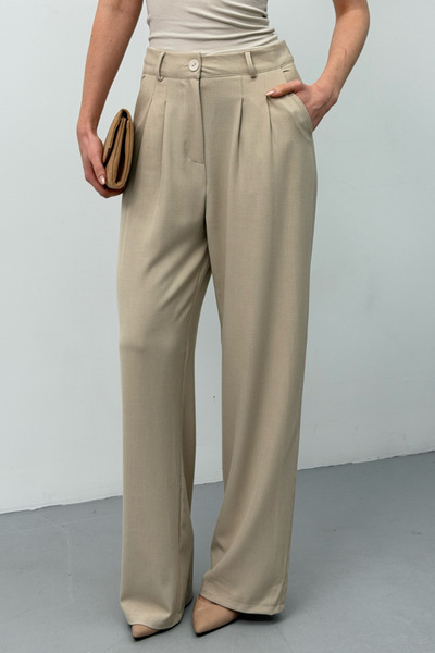 spirituel Women's Trousers Buttoned Pleated Detailed Double Pockets Wide Leg ...