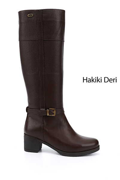 GÖNDERİ(R) Kadın Koyu Kahve Floter Fermuarlı Kalın Topuklu Hakiki Deri Çizme