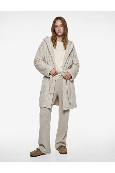 Koton Uzun Kollu Fiyonk Detaylı Kapüşonlu Kemerli Peluş Sabahlık