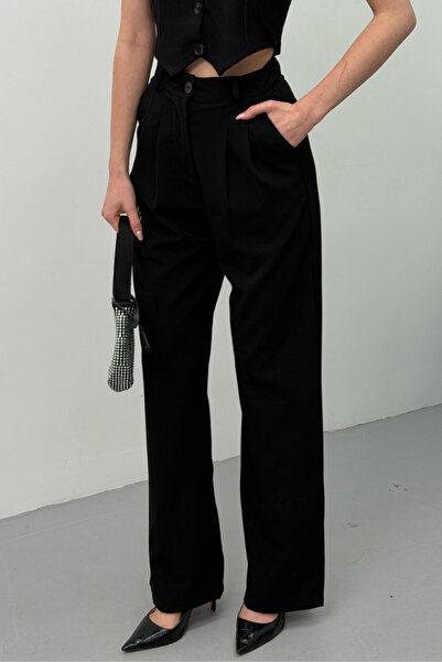 spirituel Women's Trousers Buttoned Pleated Detailed Double Pockets Wide Leg ...