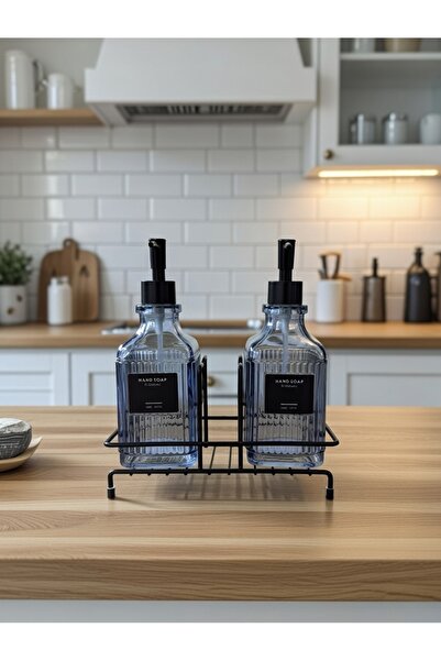KLARHAUS Modern Striped Glass Double Liquid Soap Dispenser & Detergent Holder Set - 500ml Kitchen and Bathroom Organizer with Stand