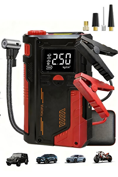 ROBO Süper 4'lü Şarjlı Akü Ateşleyici Lastik şişirici Powebank Led ışık 150Psi Yüksek basınçlı Kırmızı