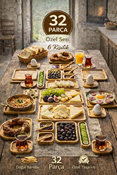 Berdina Home 32 Parça Bambu 6 Kişilik Serisi Kahvaltı Seti Kahvaltı Takımı Su...