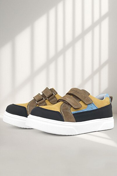 Rakerplus High Sole and Velcro Genuine Leather Children's Sneakers - Tan