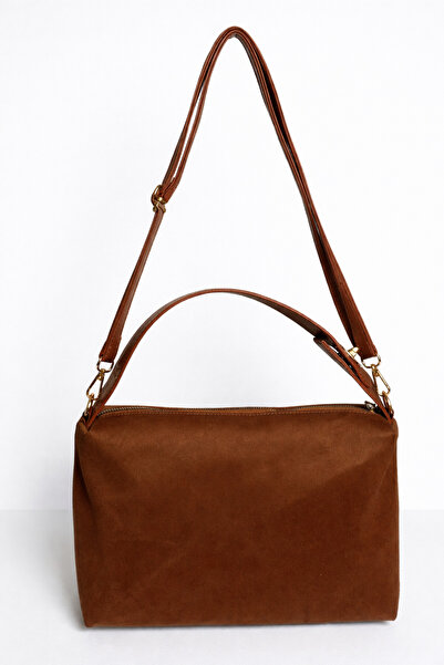 JUST WOMAN Kadın Taba Süet El Kol Omuz Orta Boy Yeni Sezon Kahve Bowling Çanta