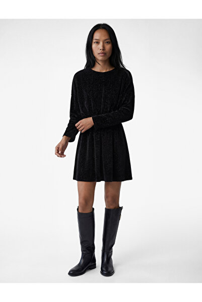 Koton Uzun Kollu Bisiklet Yaka Simli Kadife Diz Üstü Elbise