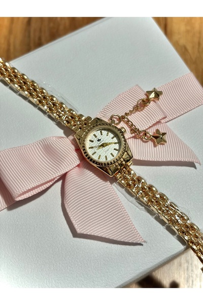 MyleeButik Vintage Esintili Yıldız Detaylı Gold Kadın Kol Saati