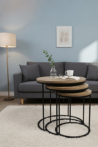 usta mekan Usta Siyah Metal C Zigon Antik Çam Ahşap Zigon Sehpa