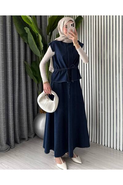 Molly Nelly Γυναικείο σετ με βολάν στα μανίκια, γιλέκο με φερμουάρ και τζιν φ...