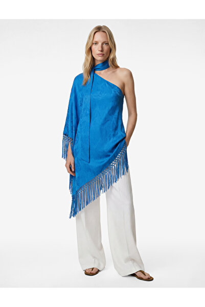 Koton Viscose Fabric Asymmetrical Cut Long Tassel One Shoulder Dress