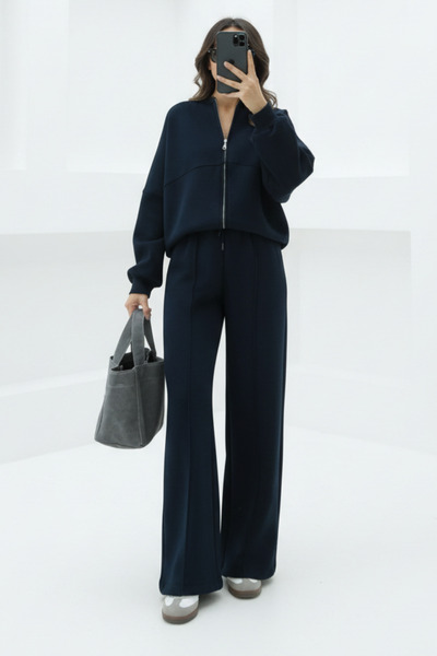 Runades Kadın Trend İspanyol Paça Çımalı Bomber Fermuarlı Eşofman Takımı