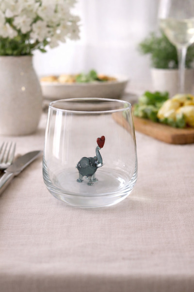 ADAMODART Kalpli Gri Fil Cam Figürlü Tekli Su Bardağı