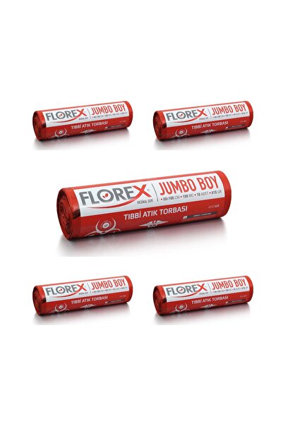 Florex - TIBBİ ATIK ÇÖP POŞETİ JUMBO 80X110 BASKILI KIRMIZI 10 YAPRAK - 5 RULO