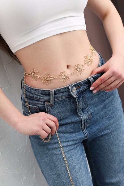 arlıva moda Gold/Daisy Patterned Women's Chain Belt Dress Belt Shirt Belt Waist Belt Body Belt