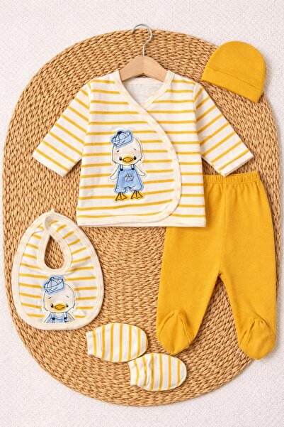 BYS BABY FASHION Sevimli Ördek Nakışlı Çizgili Yenidoğan Bebek 5 Parça Hastan...