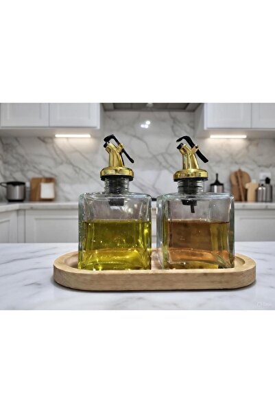 Trend Home Life Sofranız için Ahşap Stantlı 2 li 200 ml Cam Yağdanlık Sirkeli...