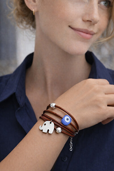 Kutcha Accessories Şans Getiren Nazar Boncuklu Gümüş Fil Figürlü Deri Bileklik