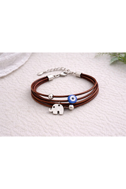 Kutcha Accessories Şans Getiren Nazar Boncuklu Gümüş Fil Figürlü Deri Bileklik