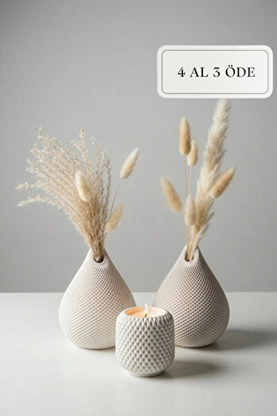 ZURİ DESİGN Bohem Damla Şekilli Beton Biblo Seti – Beyaz File Dokulu Modern D...