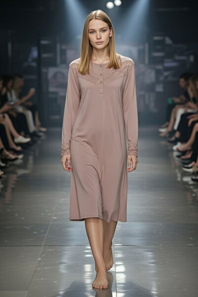 Aydoğan ثوب نوم نسائي دانتيل داستي روز بأكمام طويلة 95% قطن B1-3 - 6044 - Ayd...