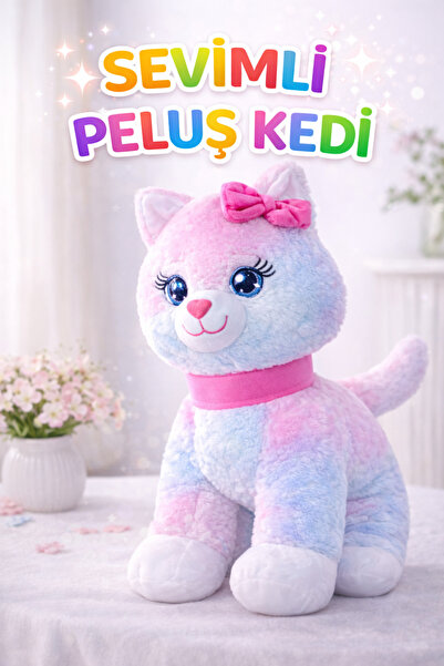 viyolmarketim Sesli Miyavlayan Renkli Peluş Kedi 40 cm | Tokalı Büyük Boy Yum...