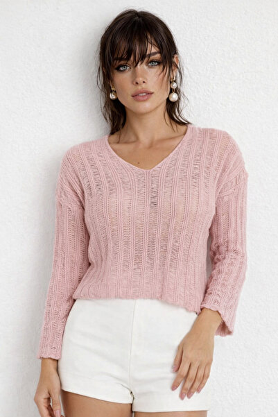 Be Best بلوزة تريكو نسائية باللون الوردي وياقة على شكل حرف V حياكة دانتيل BE304