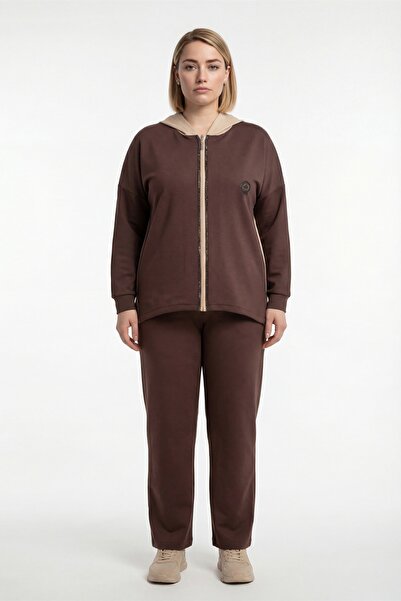 EXİTLİNE Women's Brown Seasonal Special Zippered Slit Tracksuit Set with Acce...
