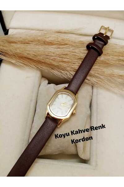 QUARTZ Vintage Kadın Kol Saati Minimal Tasarım Gold Kasa Koyu Kahve Renk Kord...