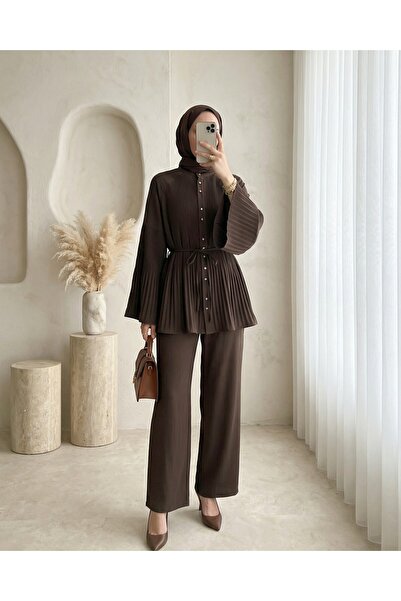 Modamorfo Πλισέ Κοστούμι Κρεπ με Κουμπιά στο Γιακά -K. Καφέ