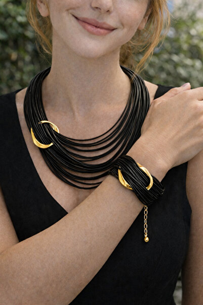 Kutcha Accessories Siyah Gold Tasarım Kolye Bileklik Takı Seti