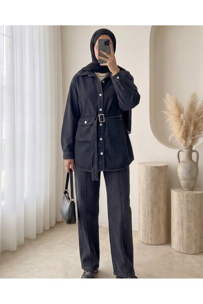 Modamorfo Denim Suit with Bag Pockets and Green Trousers - Black