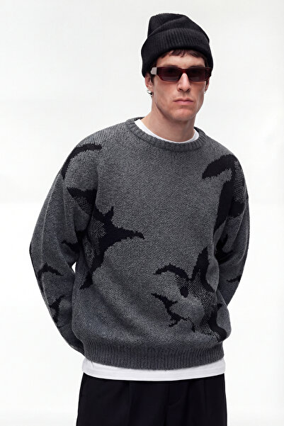 TWILIT Premium Desenli Oversize Triko Kazak Unisex - Siyah Gri