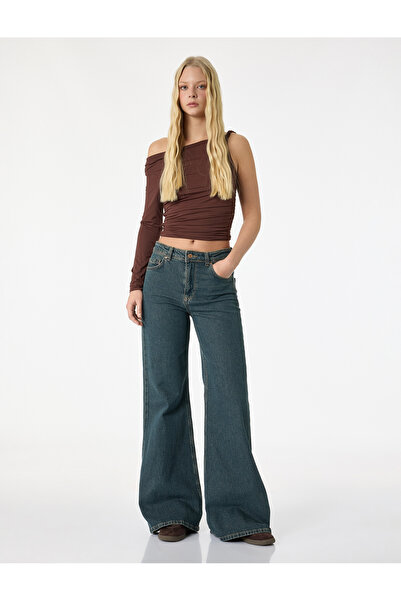 Koton Μακρυμάνικο μπλουζάκι εφαρμοστό με έναν ώμο ντραπέ με ασύμμετρο λαιμόκοψη