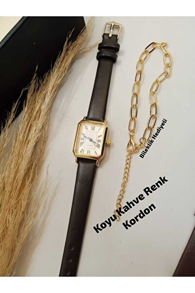QUARTZ Brand Vintage Roman Numeral Design - Dark Brown Color Strap - Gold Col...