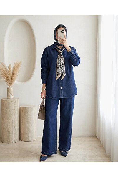 Modamorfo Wide Leg Elastic Waist Trousers with Scarf Detail Denim Suit - Navy
