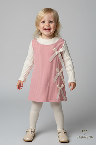 BABYDEN'S Kız Çocuk Fitilli Elbise %100 Pamuk,Uzun Kollu,Fiyonklu,Yumuşak Dok...