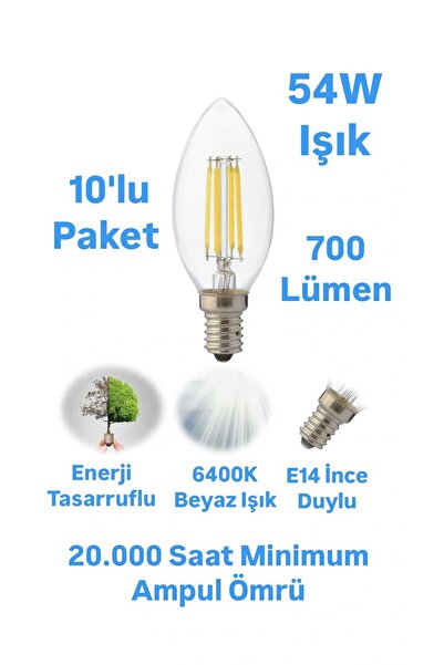 repplam 10'lu Paket 6 Watt E14 Duylu Rustik Led Ampul Beyaz Işık Avize Ampulu...
