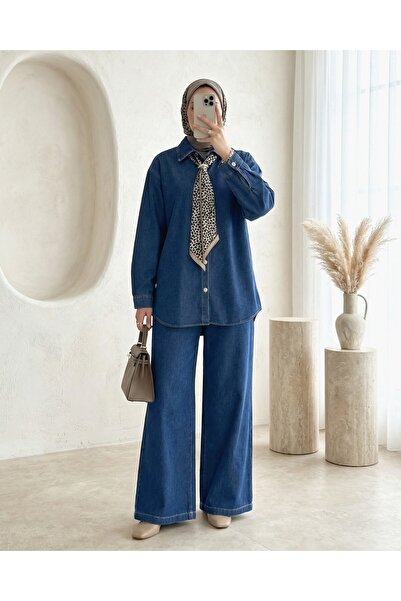 HİJABAYA Φόρμα τζιν με φαρδιά μπατζάκια, ελαστική μέση και λεπτομέρεια φουλάρι