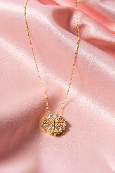 eva silvera Mıknatıslı Zirkon Taşlı Yonca Gümüş Kolye Gold Kaplama Anti Alerj...