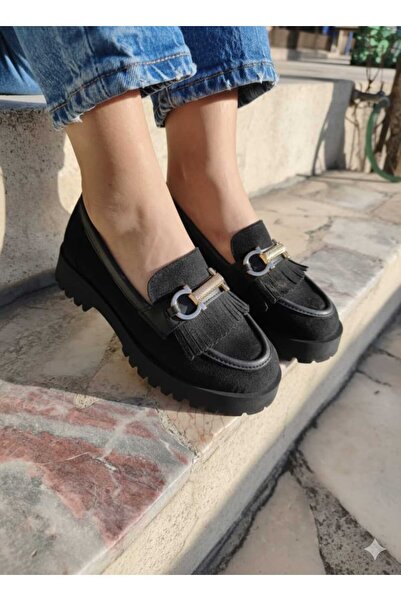 guijarro حذاء نسائي ذو نعل سميك مزين بشراشيب ومشبك ذهبي، حذاء كاجوال