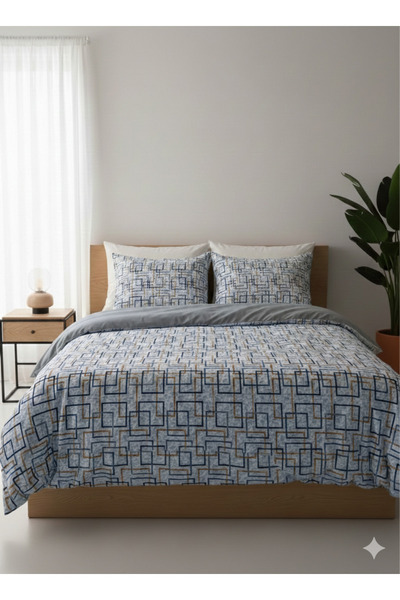 Home Square Patterned Bedding Set Reversible (Elastic Bed Sheet 180X200)