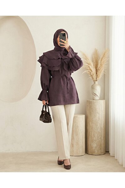 Modamorfo تونيك واسع بياقة مطوية وحزام مطاطي عند الكاحل وحزام خصر وفتحة عند ا...